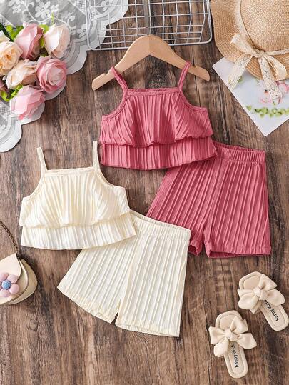 2 Sets Of 4pcs Sleeveless Shorts Outfits For Baby GirlIncludes Striped Camisole Top And Elastic Waist Shorts, Suitable For Summer, Outdoor, Casual, Holiday, Gift - Apricot, Red