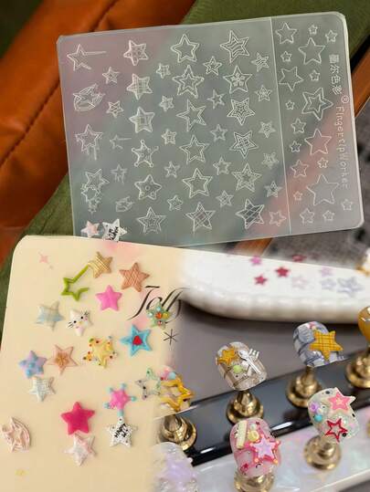 1pc Nail Art Mold, Polka Dot, Star Grid, Hollow Star, Delicate 3D Star, Cross Star Nail Decor Transparent Silicone Mold