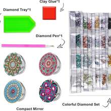 مرآة مطوية مرصعة بالألماس، طراز المندالا بأشكال قلب/دائري/مربع، مصنوعة من جلد البولي يوريثان، مرآة مرصعة بالألماس للمكياج، مناسبة للسفر، حرفة للمبتدئين - متعدد الألوان - مشاهدة 5