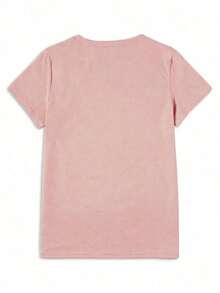 Women's Solid Color Simple Crewneck Short-Sleeved Summer T-Shirt, Daily Wear-Unisex Summer Casual Vintage Cotton Printed T-Shirts For Couples - 藕粉色 - 查看 2