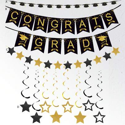 Bộ 2 món/1 món trang trí tốt nghiệp màu đen và vàng, dây cờ trang trí hình mũ tốt nghiệp và ngôi sao, đồ trang trí treo cho tiệc tốt nghiệp.