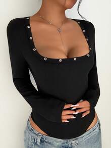 女士黑色连体衣，时尚性感坏女孩风格，方领镂空设计修身长袖连体衣，适合度假、海滩、节日、夜间约会、音乐节、派对等场合。 - 黑色 - 查看 2