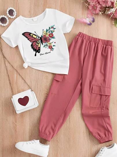 女童夏季休闲蝴蝶印花短袖T恤和裤子套装