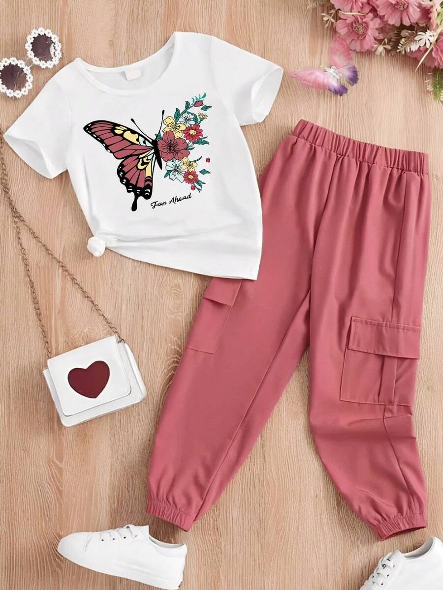 女童夏季休闲蝴蝶印花短袖T恤和裤子套装 - 白色 - 查看 1