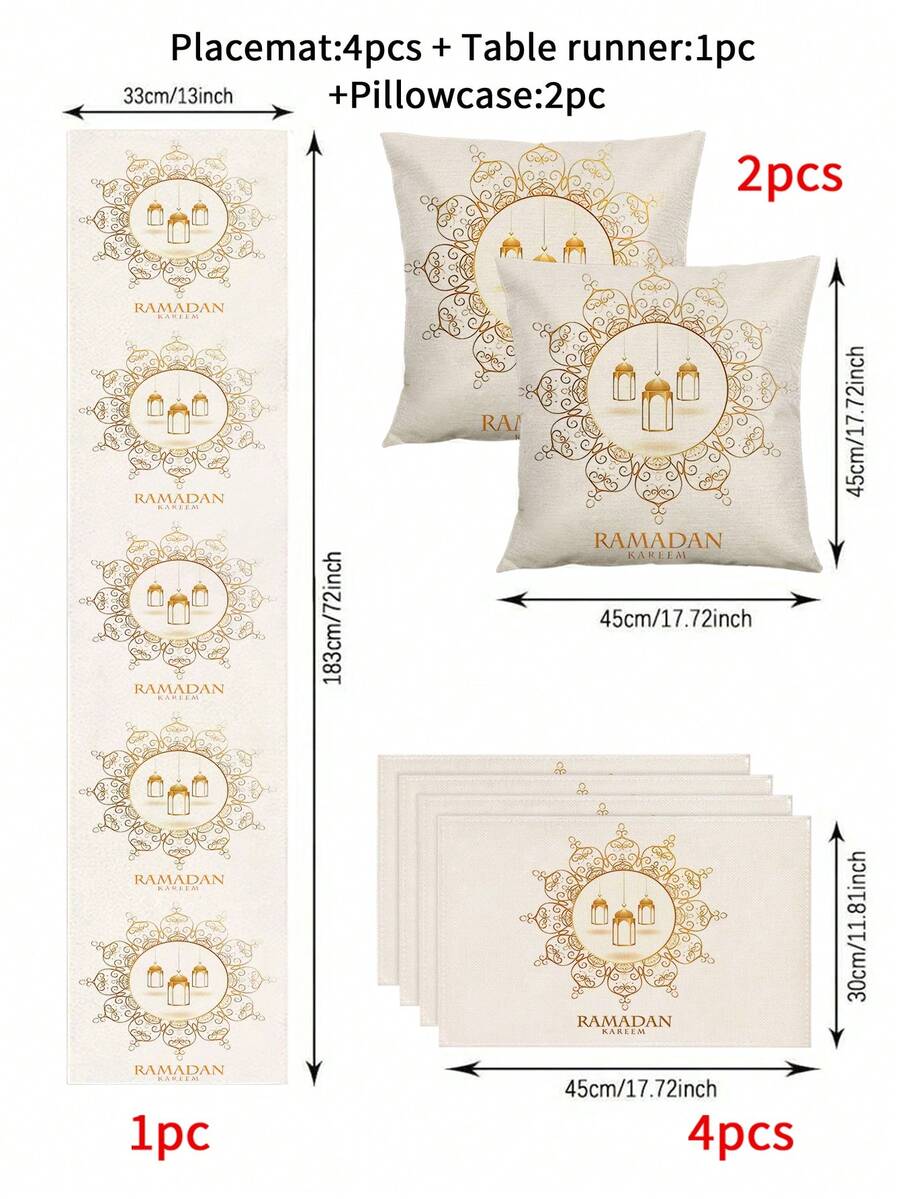 1/4/5/6/7pcs Crescent Moon, Star, Ramadan Lantern Decor Set, Linen Comfortable Texture, Ramadan Tablecloth, Ramadan Decoration Set, Eid Decoration Set, Ramadan Dining Table Decor, Crescent Moon Tablecloth, Eid Mubarak Tablecloth, Suitable For Ramadan, Eid Al-Fitr Party And Dining Decoration, Multiple Sizes - Multicolor - View 1