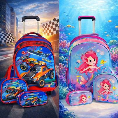 Kit Mochila Rodinha Infantil Menino Carros Menina Sereia c/ Lancheira + Estojo Escolar Reforçada - Envio Imediato
