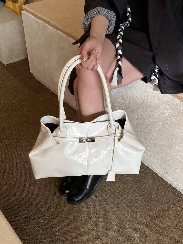 1pc Women's Large Capacity Handbag, PU Leather Shoulder Bag, Casual Classic Minimalist Designer Business Style Bag, Fashion Ladies Commuter Bag, Black, White, Brown, Silver - Beige - View 1