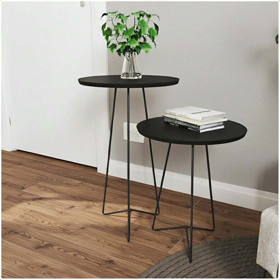 Set Of 2 Round Industrial Style Side Tables – Black Iron Legs And Brown Top | Living Room, Sofa And Bedroom - Negro - Ver 1