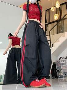 Women's Black Polyester Parachute Pants With Drawstring, Decorated With Red Stripes, Non-Stretch Fabric Spring - Black - View 6