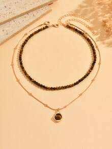 2pcs/Set Malachite & Tiger Eye Beaded Layered Necklace, Lightweight Vintage Metal Chain Choker Jewelry For Women, Suitable For Daily Wear And Party - Multicolor - View 2