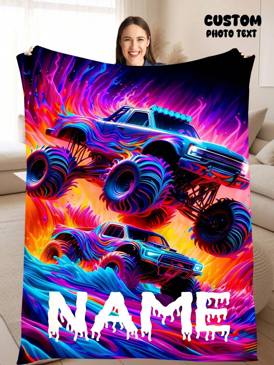 1pc Customized Monster Truck Blanket - Vivid Painting Design, Lightweight And Soft Polyester, Customized Bedding, Suitable For Sofa, Chair, Travel, Camping, Living Room Or Office - Warm All Year Round, Office Chair Cover | Vivid Parabola | Customizable Text, Travel Blanket - Style 1 - View 1