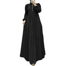 ZANZEA Elegant  Women Stand Neck Lettuce Trim Buttons Long Sleeve Pleated Muslim Dresses Holiday Casual Loose Long Dress - 黑色 - 查看 3