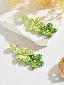 1 Pair Handmade Bohemian Gradient Color Raffia Flower Earrings, Summer Niche Design Minimalist High-End Floral Tassel Earrings, Suitable For Women's Daily, Vacation, Party Wear - Light Green - View 4