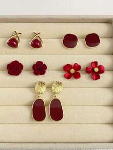 5pcs/Set Fashionable Minimalist Geometric Red Glitter Flower Stud Earrings Set, Chic Style Suitable For Women's Daily Dates And Valentine's Day Gifts - Red - View 1