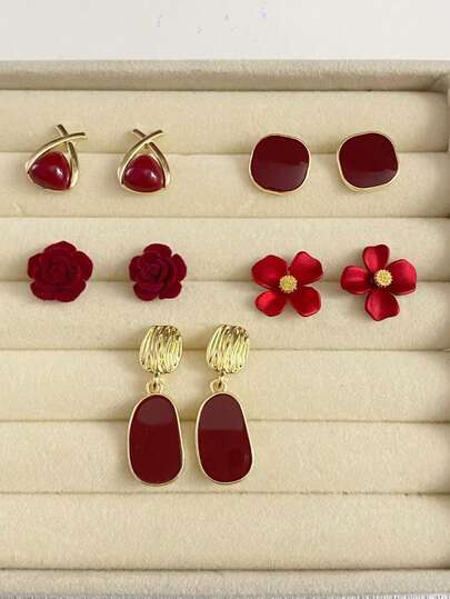 Set de 5 piezas de aretes tipo flor con diseño geométrico minimalista y brillo rojo, estilo elegante adecuado para uso diario de mujeres y como regalo para el Día de San Valentín