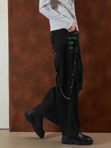 Jeans cargo de mujer, pantalones casuales sueltos con cierre de botón y cremallera a rayas, con bolsillos, estilo urbano - Negro y verde - Ver 7