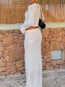 VIBEWAVE 新款夏季海滩度假薄纱长袖毛衣纹理沙滩时尚针织修身半身裙套装 - 白色 - 查看 5