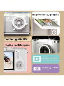 RENEAR 4K Digital Camera With 8X Zoom, Compact CCD, 48MP, 180° Flip Screen, Student Photographic - 黑色 - 查看 6