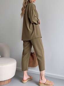 Set de 2 piezas para mujer: Top de manga larga con botones de unicolor y pantalones largos con cintura anudada, para primavera - Color marrón claro-1 - Ver 2