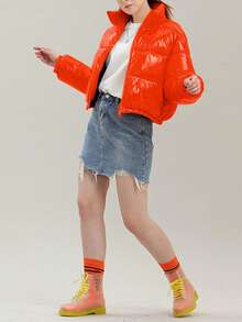 Women's Winter Stand Collar Cropped Coat,Shiny PU Puffer Jacket,  Quilted Oversized Padded Outerwear For Street Style - 深橙色 - 查看 4