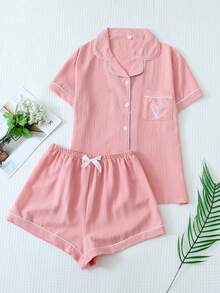 Set Piyama 2pcs/Set dengan Saku dan Bordir Hati, Atasan Kancing Kerah Manis dan Celana Pendek Pita, Pakaian Tidur dan Pakaian Santai Wanita - Berwarna merah muda - View 1