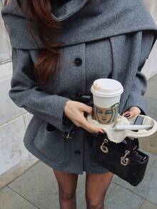 女士时尚围巾式外套，复古英伦风羊毛大衣，单排扣设计，配有优雅口袋，冬季街头风外套 - 灰色 - 查看 2