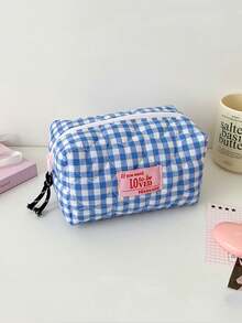 1个女士绗缝爱心图案化妆包可爱漂亮格子旅行洗漱包女士化妆品收纳包 - 彩色 - 查看 9