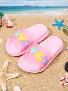 1双女童可爱爱心装饰平底休闲户外凉鞋，带后跟带，适合夏季穿着 - 粉色 - 查看 3