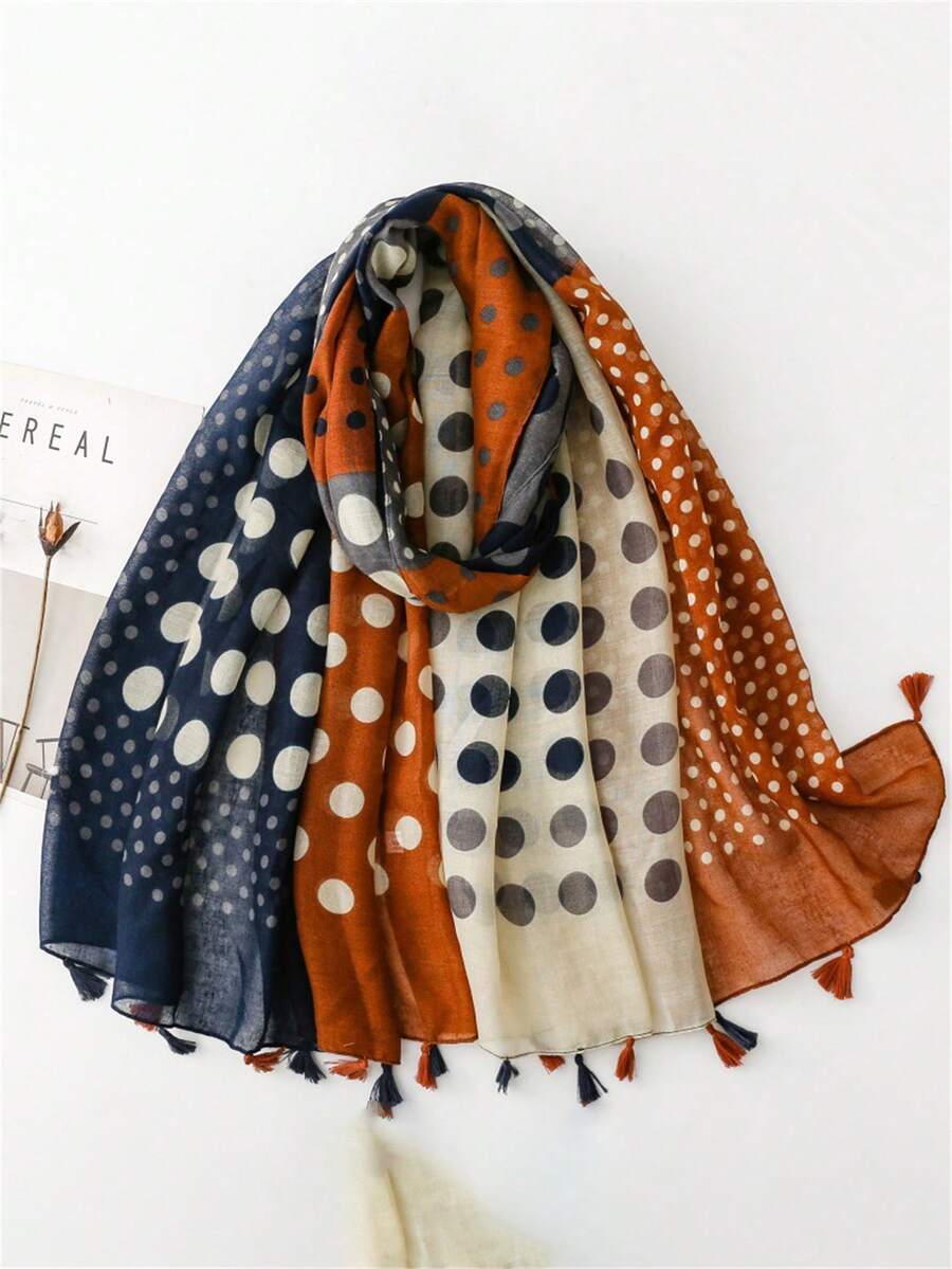 1pc Vintage French Polka Dot Patchwork Contrast Color Women's Scarf, Soft , Fashionable Lightweight Fringed Shawl, Suitable For Beach, Vacation, Travel