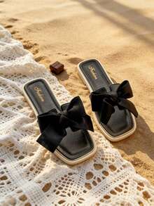 女士平底凉鞋，新款夏季蝴蝶结设计，优雅女士凉鞋，休闲舒适，时尚简约，柔软轻便，适合海滩、旅行、婚礼、派对、户外活动等场合，黑色 - 黑色 - 查看 3