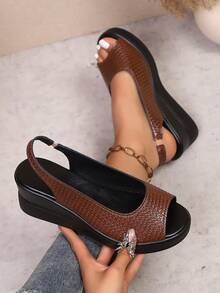 女士坡跟凉鞋，2026春夏新款，露趾，黑色，系带，休闲，度假，日常穿着，中老年女士 - 棕色 - 查看 4