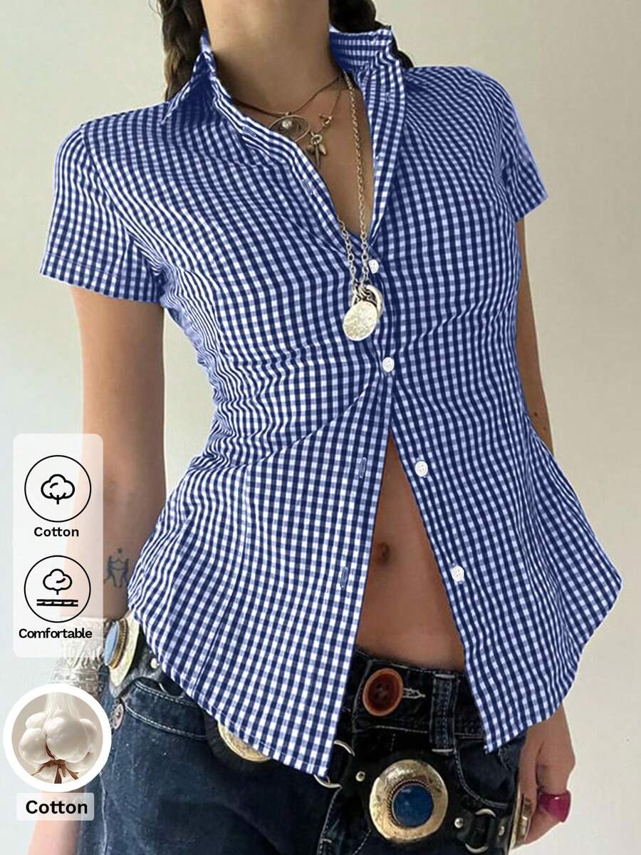 阳光少女风夏季女式Y2K返校季纯棉修身翻领短袖纽扣设计海军蓝格子学院风衬衫 - 深藍色 - 查看 1