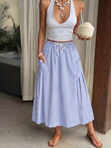 女士高腰系带半身裙，蓝白条纹带口袋半身裙，女士度假装扮，休闲/假日细节半身裙，夏季 - 藍白色 - 查看 4