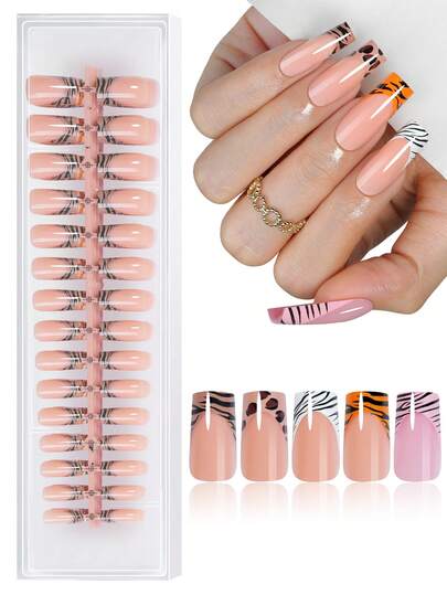 Franska leopardmönsternaglar akryl 150 st långa fyrkantiga press-on nageltippar glansig finish, DIY konstgelnagelkit perfekt för konstgjorda naglar och nagelsalonger, flickors och kvinnors nageltillbehör dagligt bruk, högtidsfester och presenter