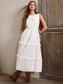 Đầm nữ mùa hè mới, màu trơn, thêu họa tiết, xếp ly, không tay, thắt eo, thích hợp cho kỳ nghỉ, lễ hội âm nhạc, phong cách phương Tây thanh lịch. - trắng - Xem 7