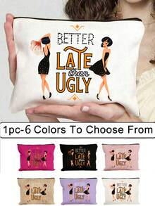 “迟到总比不到好”化妆品和洗漱用品收纳包 - 红色和金色复古少女设计，带有标语，轻便可折叠拉链包，化妆品和洗漱用品收纳包，拉链化妆包，轻便零钱包，洗漱包，储物袋，旅行配件，购物佳品，用途广泛，适合旅行，送给女友、妻子、闺蜜的可爱礼物，情人节和斋月礼物 - 彩色 - 查看 1