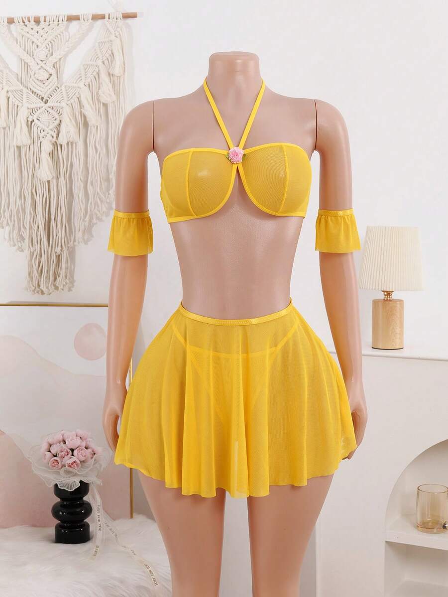 5件套黄色性感内衣臂套，极具挑逗风格，搭配丁字裤臂套，是亲密娱乐的完美选择。 - 黃色 - 查看 1