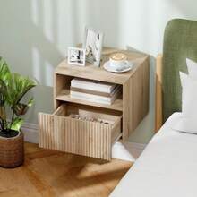 Bedside Table, Handle-Free Design, Open Compartment, Drawer, Wall Mount, Light Brown - Khaki - View 6
