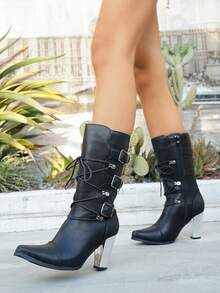 Women's Pointed Toe Mid-Calf Boots, Chunky High Heel Lace-Up Riding Boots - Black - View 7