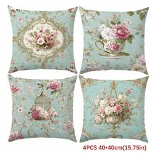 4件套复古蓝色玫瑰花卉抱枕套，单面印花桃绒面料，尺寸分别为45*45/50*50/40*40厘米，适用于现代简约沙发客厅装饰，亦可作为礼物或派对装饰。 - 彩色 - 查看 13