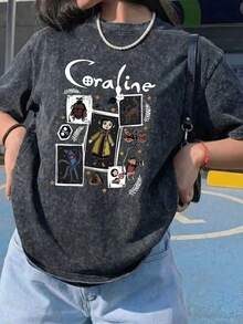 Damen Große Größen Sommer Cartoon Muster Lässig Einfach Alltäglich Locker Washed Baumwolle Kurzarm Rundhals T-Shirt - Schwarz - Übersicht 1