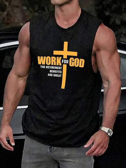 1pc Men's Summer Casual Sleeveless Printed Round Neck Tank Top, Suitable For Sports, Fitness And Daily Wear