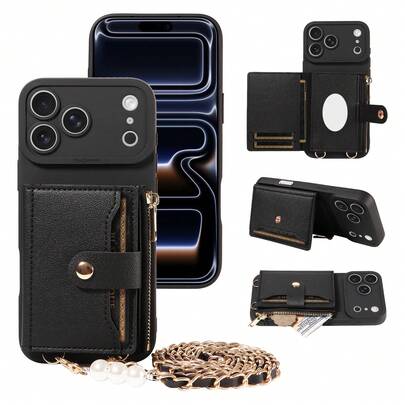 eaacaa 1 pieza Funda de teléfono con acabado mate, espejo, ranuras para tarjetas, cartera con cremallera, cadena de perlas falsas, protección anti-golpes compatible con Apple 17 Pro Max/17/Air/17 Pro/17e/16/15/14/13/12/11 Pro Max/Plus Mini, Galaxy A56/A54/A53/A52/A51/A50/A36/A34/A33/A32/A26/A23/A22/A21S/A16/A14/A13/A12/A06