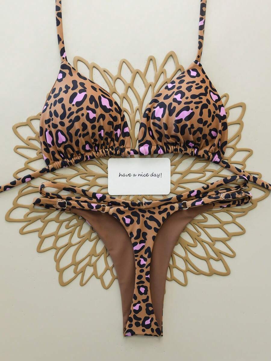 Bộ bikini dây mảnh họa tiết da báo gợi cảm, thiết kế hở lưng, thích hợp cho các buổi tiệc bể bơi mùa xuân/hè, bãi biển, biểu diễn sân khấu và kỳ nghỉ. - Nhiều màu - Xem 1