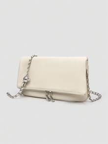 1pc Women's Chain Shoulder Bag, Crossbody Bag, Litchi Grain Underarm Bag With Chain, Minimalist Fashion Small Square Bag, Shoulder & Crossbody Bag With Adjustable Strap - 象牙色 - 查看 3