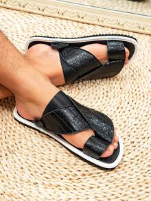 Men's Flat Comfortable Arabic Style Slippers, Middle Eastern Men's Sandals, Black Middle Eastern Slide Sandals - Black - View 2