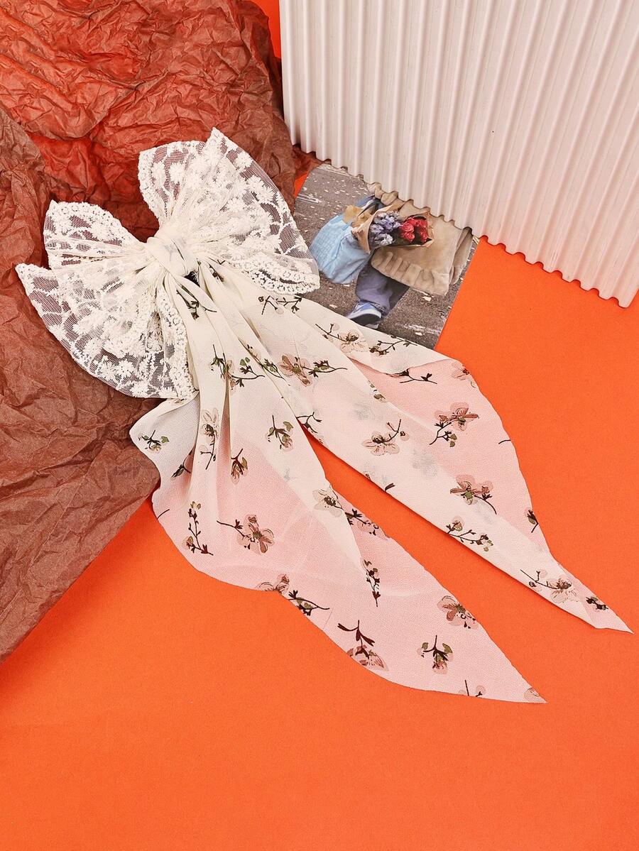 1pc Versatile Casual Party Lace Embroidery Bow Chiffon Printed Ribbon Tail Women Bowknot Hair Clip Hair Accessory - Multicolor - View 1
