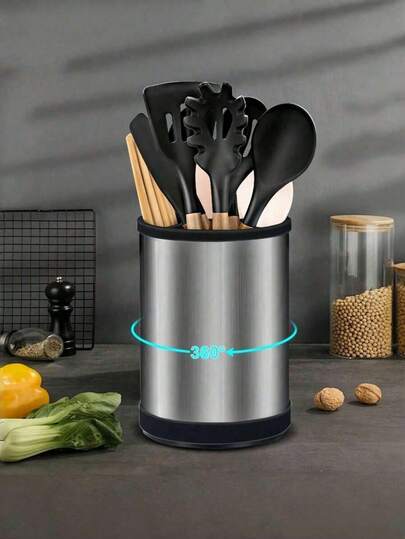 1 pieza Caja de almacenamiento giratoria de 360° de acero inoxidable, de 17 cm de altura, organizador de cocina, apto para almacenar utensilios de cocina y encimera, puede contener palillos, cucharas y espátulas de cocina, también se puede usar como decoración navideña y regalo festivo