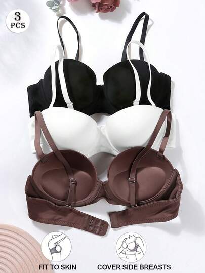 女性用ワイヤー入り無地ブラジャー 3枚セット、取り外し可能なストラップ付き