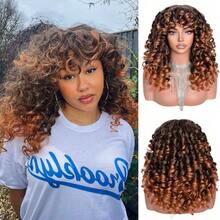 18 Inch Curly Wavy Ombre Brown Wig, Women's Big Curly Fluffy Wig With Bangs, Soft Synthetic Fiber Wig, Christmas Bangs Curly Wig. Natural Fashionable Wig, Party Wig. - 漸層棕色 - 查看 1